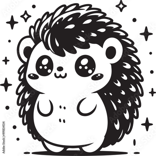 Cute cartoon hedgehog, black and white line drawing, smiling face, large eyes, spiky quills, small paws, adorable expression