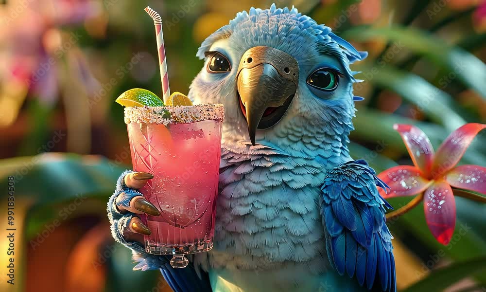 A blue parrot with big eyes and a happy expression holds a pink tropical drink with a lime and a straw. It appears to be enjoying a refreshing beverage. 