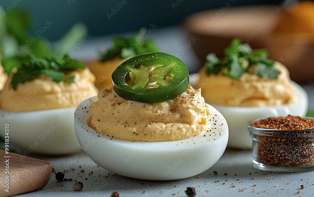 Spicy deviled eggs with creamy filling and jalape?o garnish for a bold flavor twist Spicy deviled eggs with creamy filling and jalape?o garnish for a bold flavor twist