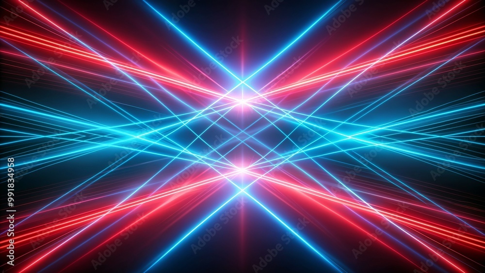 Dynamic neon laser light beams in red and blue crossing on a dark background Dynamic neon laser light beams in red and blue crossing on a dark background