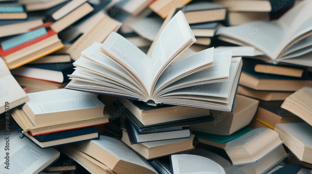 Open Book Surrounded by Stacked Literature Open Book Surrounded by Stacked Literature