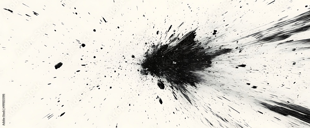 Black ink splatter on a white background, creating a dynamic and abstract design. Black ink splatter on a white background, creating a dynamic and abstract design.