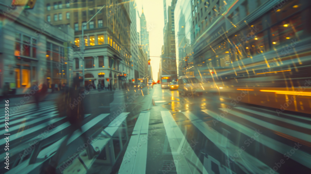 Obraz premium Busy street scene in City with blurred motion of yellow taxis and pedestrians during a rainy afternoon.