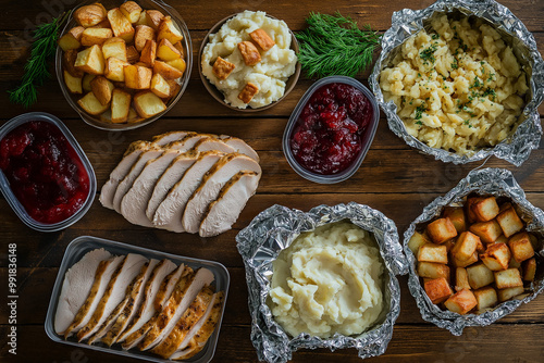 Cozy rustic scene of Thanksgiving leftovers on a wooden table, featuring turkey slices, mashed potatoes, stuffing, and cranberry sauce in mismatched containers covered with foil. 