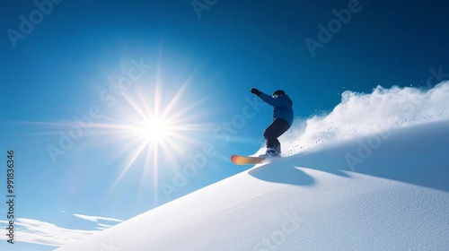 Snowboarder Carving Through Fresh Snow Under Bright Sun