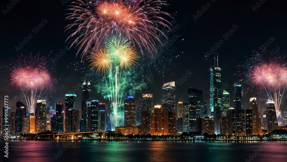 Vibrant cityscape illuminated by lights and fireworks. Vibrant cityscape illuminated by lights and fireworks.
