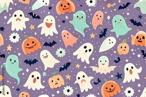 Vector postcard with cute pastel halloween doodle ghosts. Hand drawn magic characters for kids. Cartoon elements for card, poster, invitation design