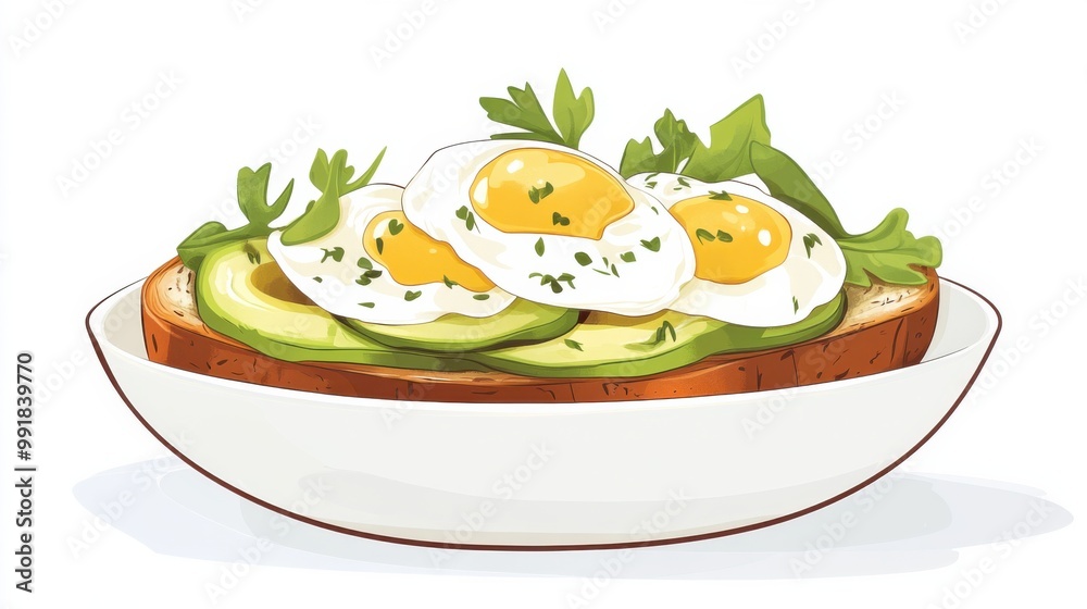A bowl of avocado toast topped with poached egg, flat color illustration A bowl of avocado toast topped with poached egg, flat color illustration