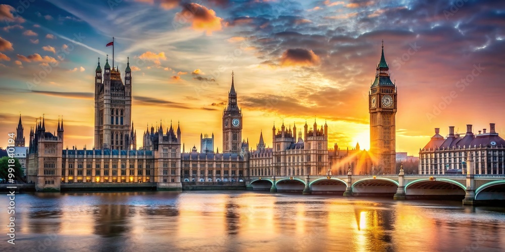 Naklejka premium river Thames, skyline, landmark, clock, tower, London, United Kingdom, Big Ben, cityscape, English, twilight, Landscape of London at sunset featuring the iconic Big Ben tower