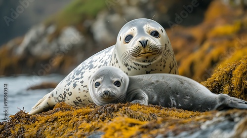 Two seals resting on a rocky shore with seaweed.