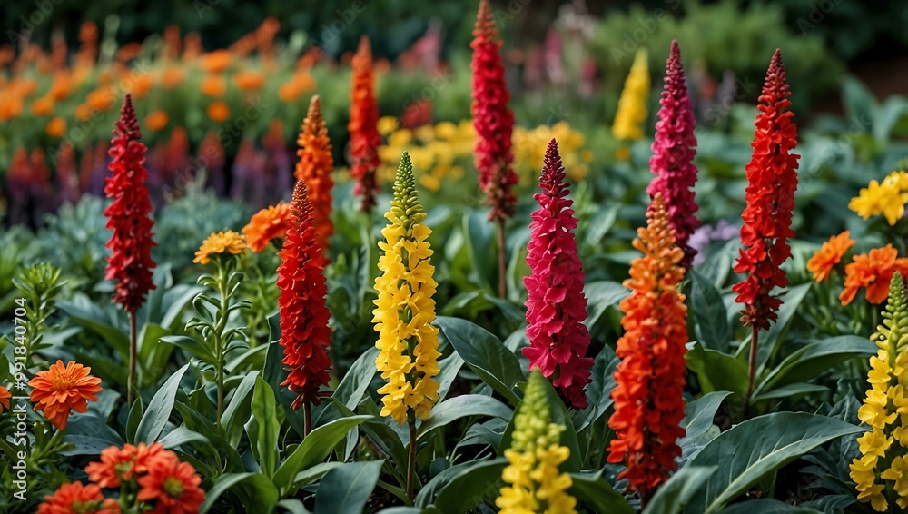 Vibrant plants with rich greens and colorful flowers.