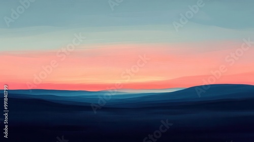 A serene, minimalist landscape featuring a vast horizon with gentle rolling hills, a pastel-colored sky at sunset, and silhouettes of abstract trees, digital painting style