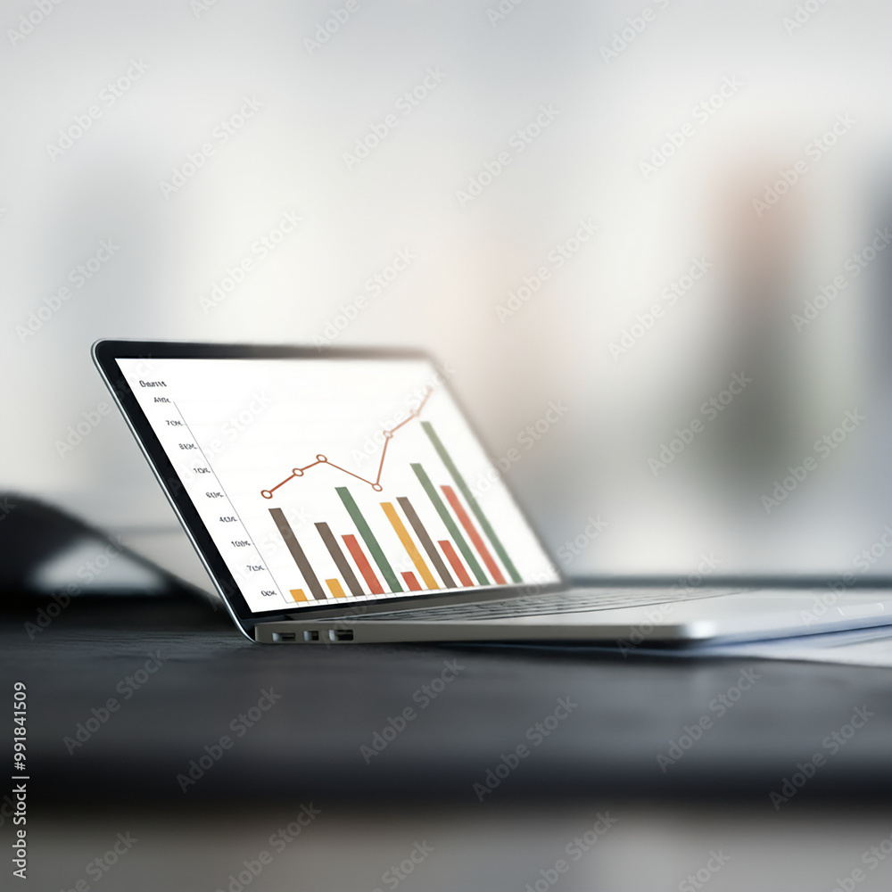 A laptop displays a graphic chart on its screen. A laptop displays a graphic chart on its screen.