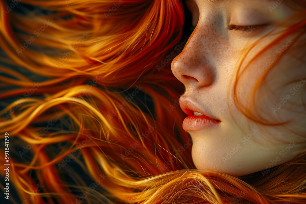 A young woman with freckled skin relaxes with her eyes closed, surrounded by her flowing, vibrant red hair softly illuminated by warm light A young woman with freckled skin relaxes with her eyes closed, surrounded by her flowing, vibrant red hair softly illuminated by warm light