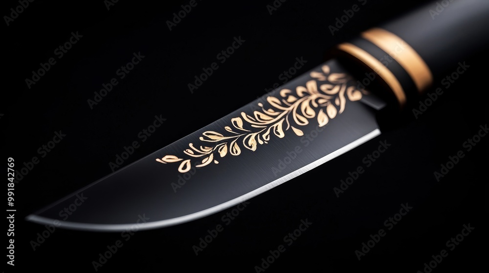 Fototapeta premium Elegant Black Knife with Decorative Gold Design