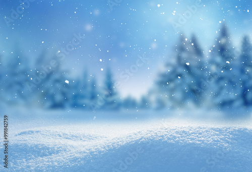 Beautiful landscape with snow covered fir trees and snowdrifts.Merry Christmas and happy New Year greeting background with copy-space.Winter fairytale.