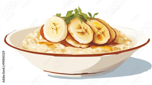 A bowl of oatmeal with banana slices and honey, digital painting, flat color, digital illustration poster