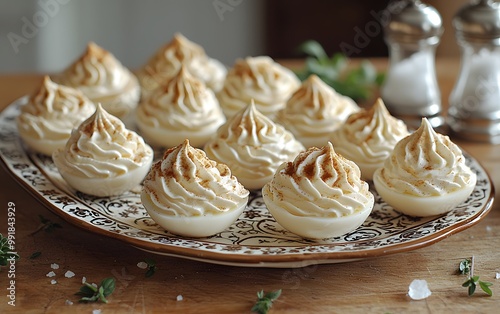 Gourmet deviled eggs with paprika on elegant platter in rustic setting