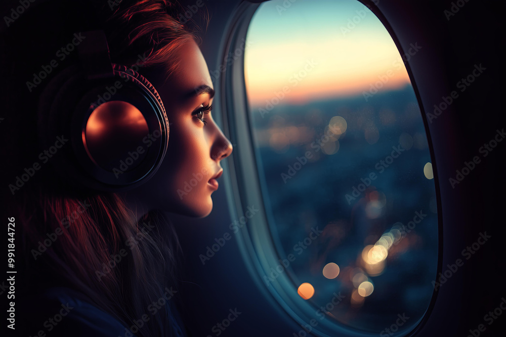 girl wearing headphones gazes out the window of an airplane, against the backdrop of a night sky. Side view girl wearing headphones gazes out the window of an airplane, against the backdrop of a night sky. Side view