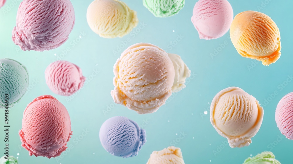 Colorful ice cream scoops falling in mid-air on a teal background. Colorful ice cream scoops falling in mid-air on a teal background.