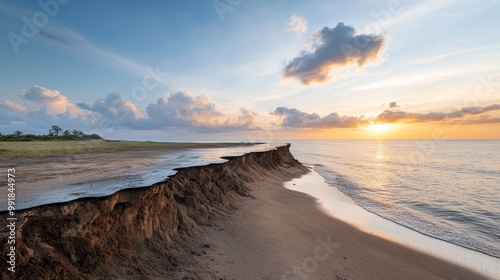 Shoreline Erosion at Sunset Along Ocean Beach