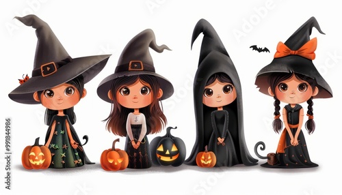 Cute Halloween Witches in Cartoon Style