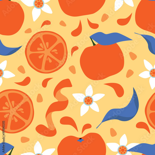 Tangerine with blue leaves seamless pattern. Orange fruit with flowers, seeds and peel on yellow background. Colourful botanical wallpaper.