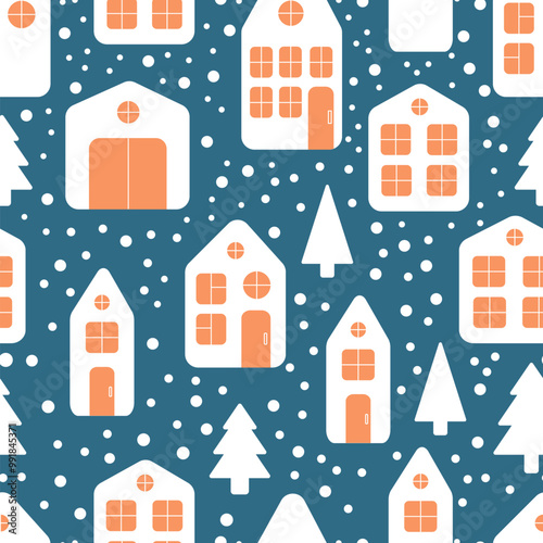 White houses seamless pattern. Minimalist buildings with Christmas trees. Scandinavian village on blue background.