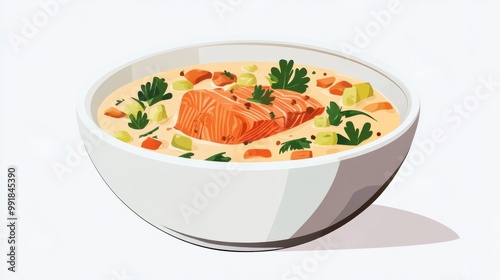 A bowl of soup with meat and vegetables, digital painting, salmon, flat color, digital illustration poster