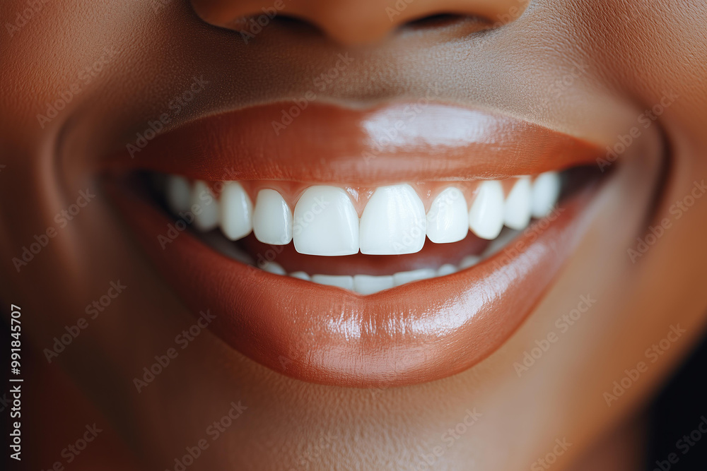 Obraz premium Close-up of a beautiful, smiling black female mouth with white teeth. This macro photograph captures a healthy, detailed smile concept for dental and beauty advertising.
