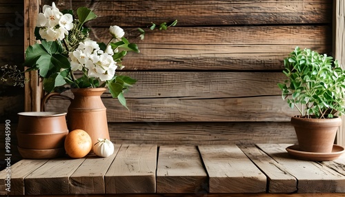 Earthy rustic wooden tabletop for showcasing products with a natural, grunge aesthetic.