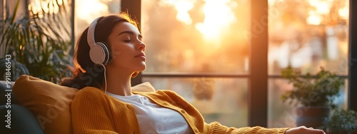 A woman relaxing in her living room, wearing headphones and listening to music while sitting on the armchair with closed eyes.
