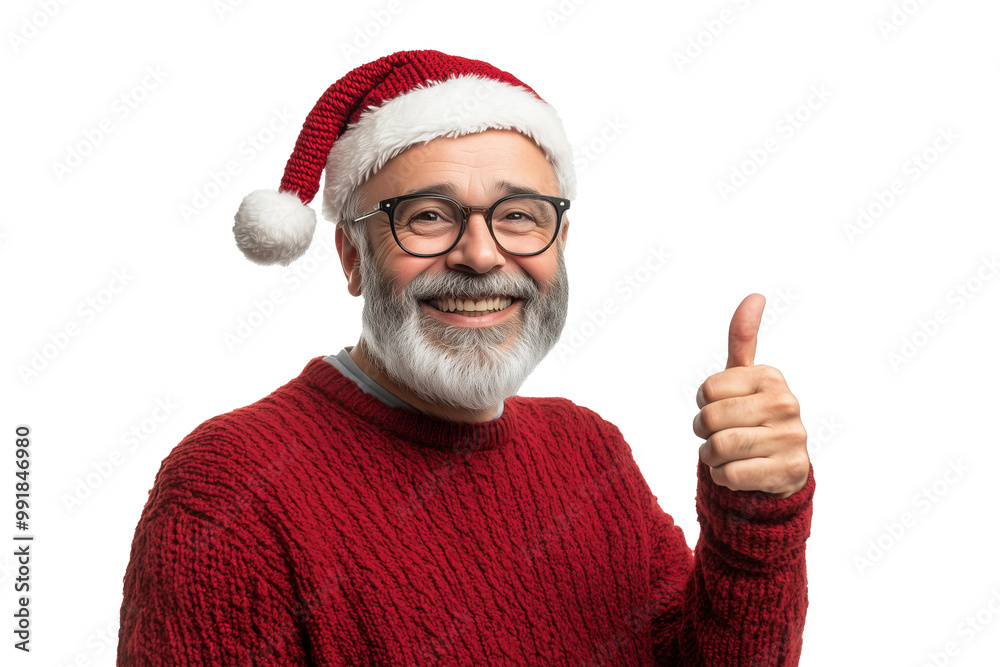 candid and kind senior man with a grey beard and glasses, wearing casual knited vibrant red sweather and santa clause hat is smiling and showing thumb up on camera, isolated on background candid and kind senior man with a grey beard and glasses, wearing casual knited vibrant red sweather and santa clause hat is smiling and showing thumb up on camera, isolated on background