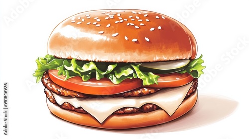 A burger with lettuce, cheese, and tomatoes, digital painting, salmon, flat color, digital illustration poster,