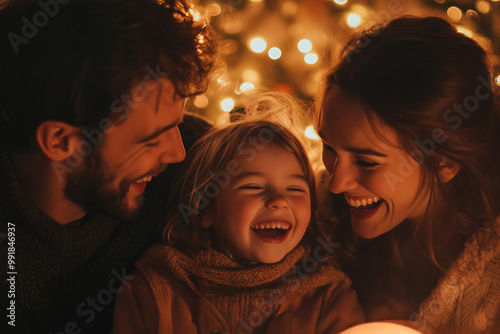 lifestyle photo of cozy christmas eve at home. family laughing together , candid emotions , cinematic light, christmas advertising