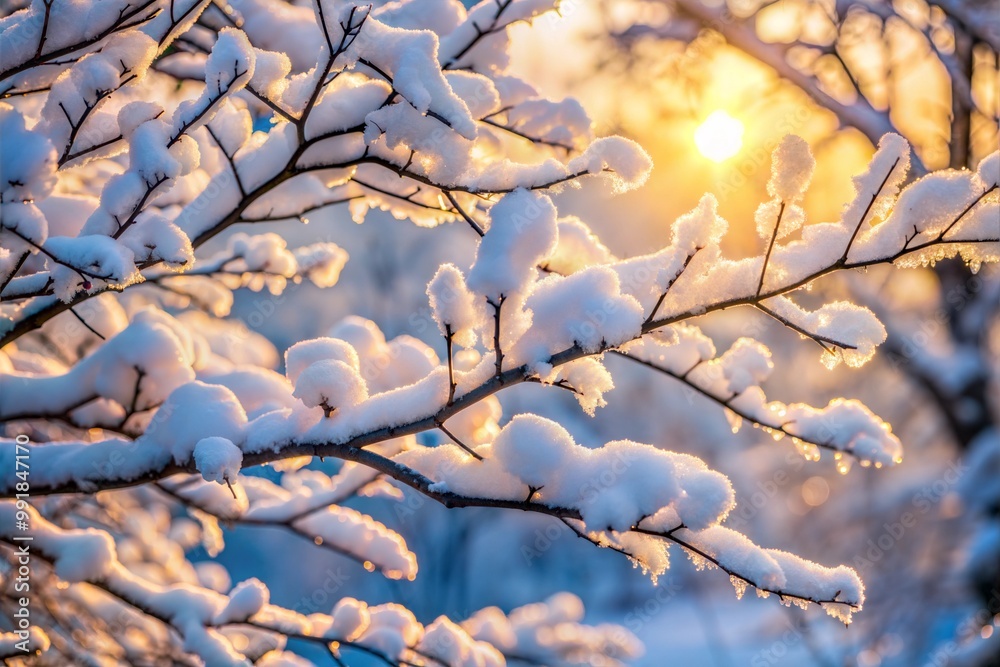 Snow-covered tree branches against golden sunset sky in winter Snow-covered tree branches against golden sunset sky in winter