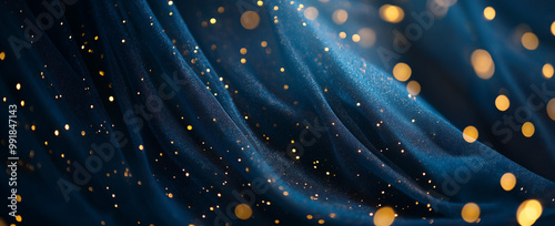 Blue fabric with golden bokeh lights, magical festive background with glowing particles