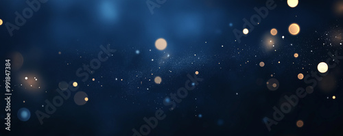 Abstract dark blue bokeh lights background, festive holiday backdrop with glowing particles