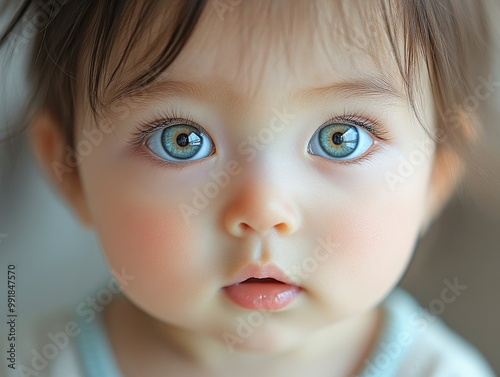 Oriental baby's right clear-eyed close-up pupil polarized photo image of a baby. geneative ai