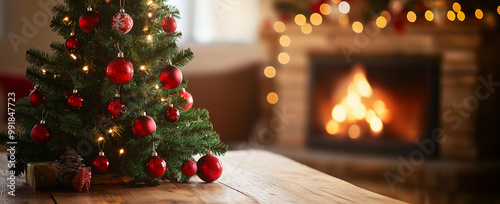 Christmas tree with red ornaments and fireplace in cozy living room, festive holiday decor