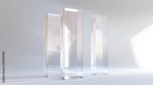 Three clear acrylic pillars arranged on a soft gray surface with gentle light illuminating their surfaces in a minimalist setting