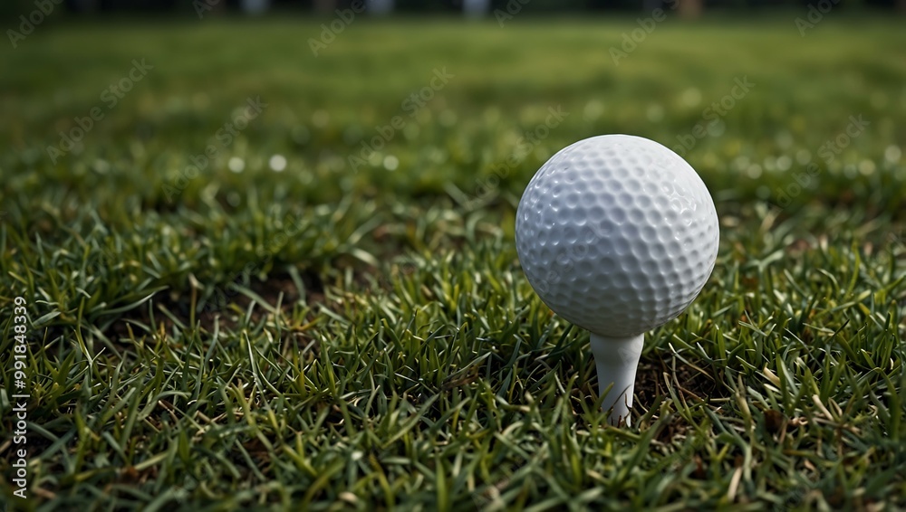 White golf ball on a tee surrounded by lush green grass. White golf ball on a tee surrounded by lush green grass.