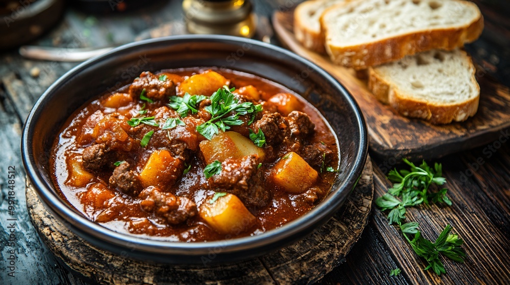 A hearty plate of goulash stew with crusty bread, set against a dark rustic wooden table background in a cozy Bavarian tavern