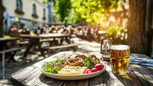 A hearty plate of obatzda cheese spread, served with radishes and pretzels, placed on a wooden beer table background in a sunny beer garden photo