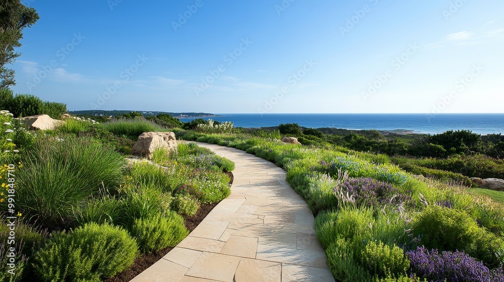 Serene Coastal Pathway Through Lush Green Landscape Serene Coastal Pathway Through Lush Green Landscape