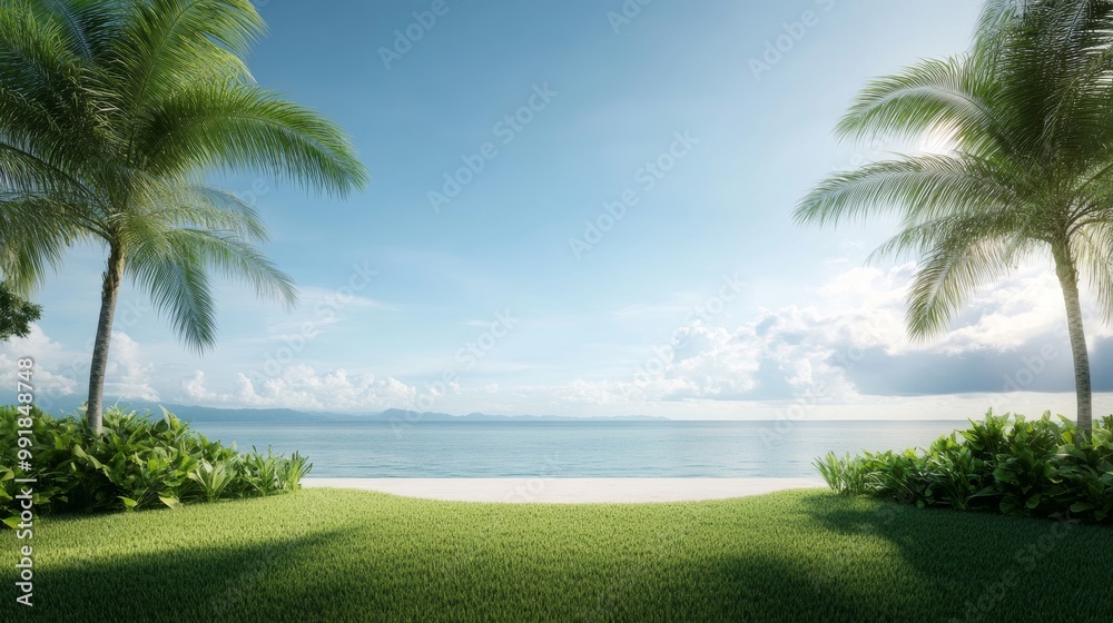 Serene Beachfront View with Palm Trees and Blue Sky Serene Beachfront View with Palm Trees and Blue Sky