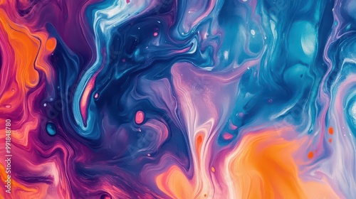 abstract fluid art piece with swirling vibrant colors macro view of paint mixing creating mesmerizing patterns and textures rich saturated hues blending seamlessly