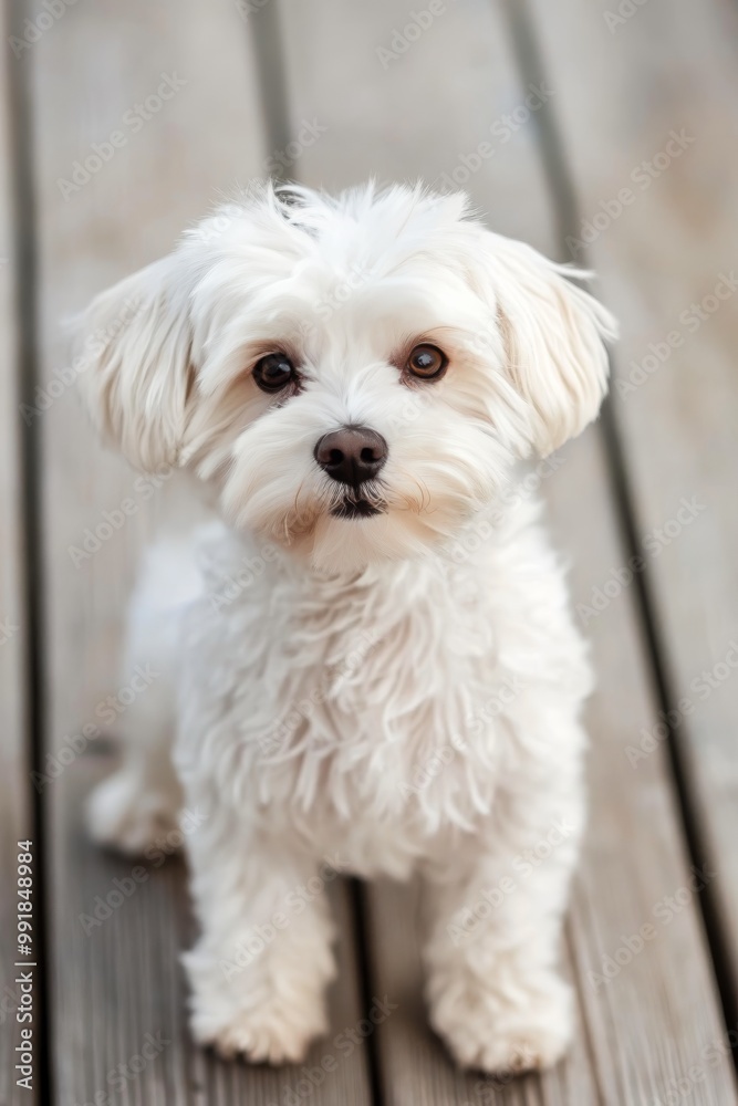 A fluffy small dog sitting on a wooden deck during a sunny day in a relaxed pose A fluffy small dog sitting on a wooden deck during a sunny day in a relaxed pose