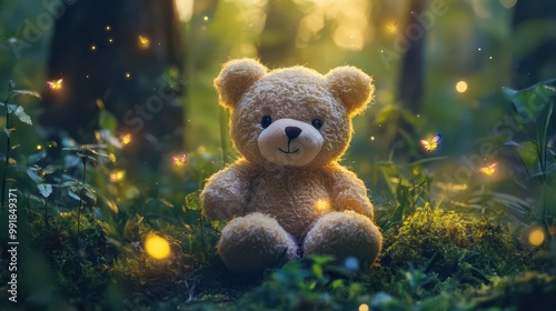 adorable plush teddy bear exploring a miniature fairy garden soft focus enchanted forest backdrop magical glowing fireflies whimsical and dreamy atmosphere
