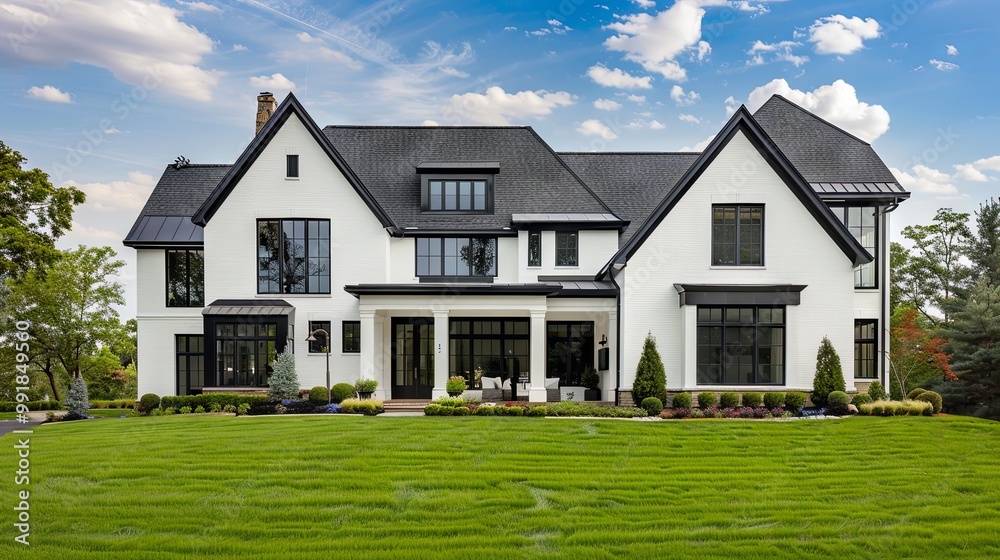White luxurious house with a green lawn in front of the house
White luxurious house with a green lawn in front of the house